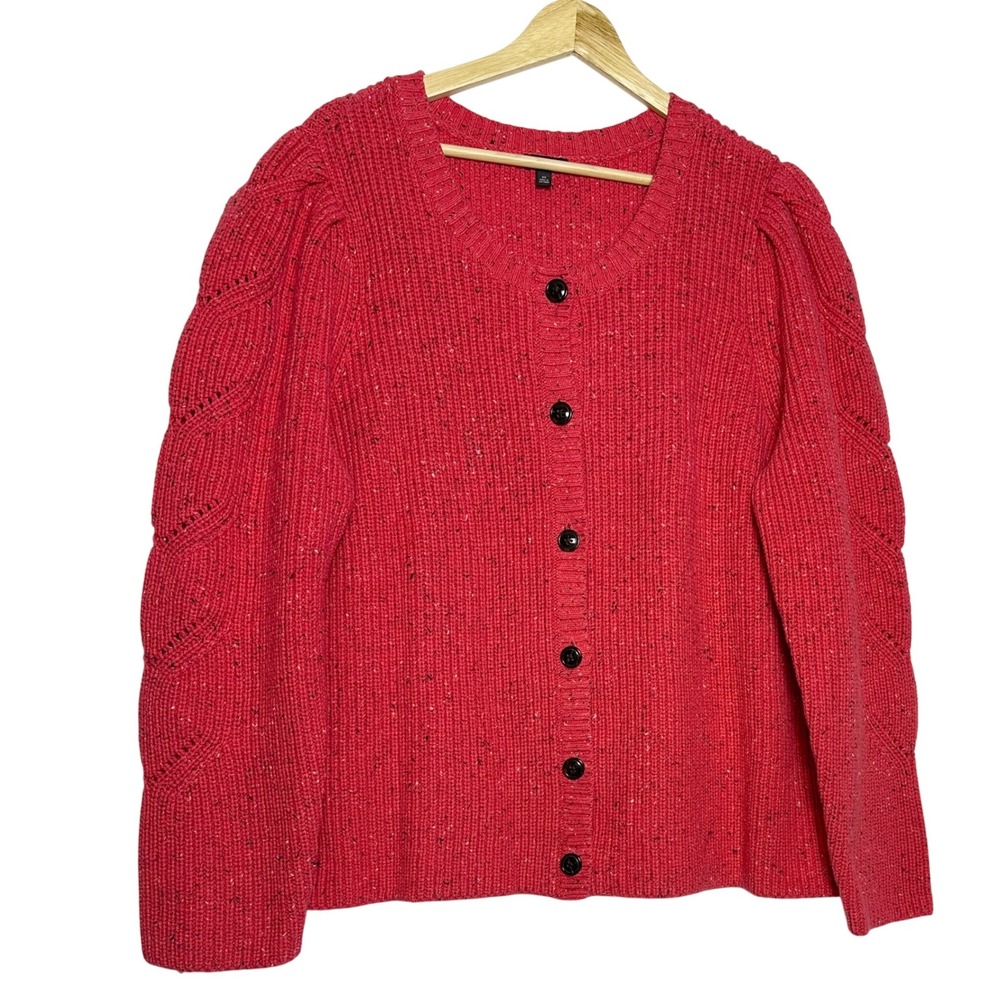 Talbots Plus Pink Speckled Puff Sleeve Button Front Knit Cardigan Sweater 2X